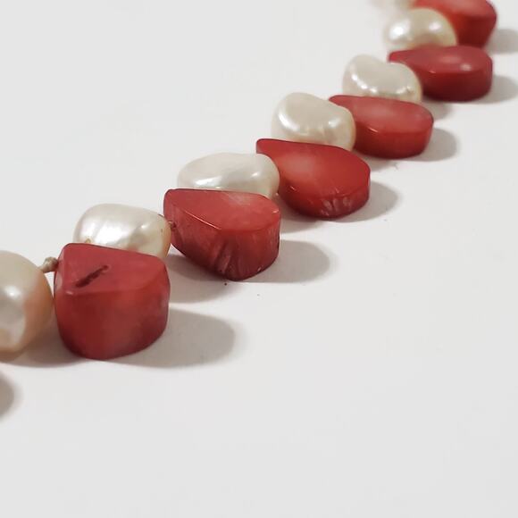 Freshwater Pearl & Teardrop Shaped Red Coral Bead Sterling Silver Necklace 20" - Picture 6 of 9